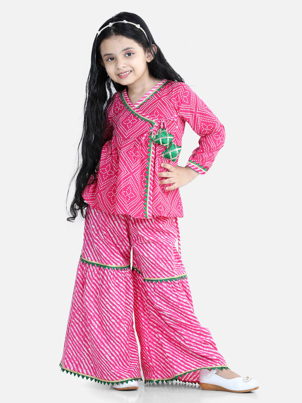 Girl's Pink Color Block Print Cotton Angrakha with Sharara - NOZ2TOZ KIDS