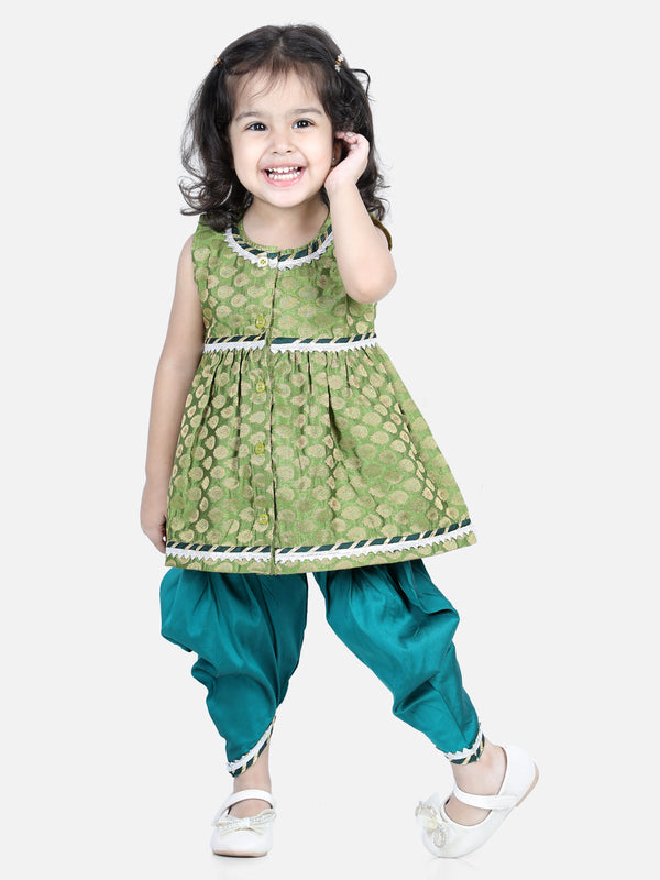 Girl's Green Color Jacquard Top with Dhoti  - NOZ2TOZ KIDS