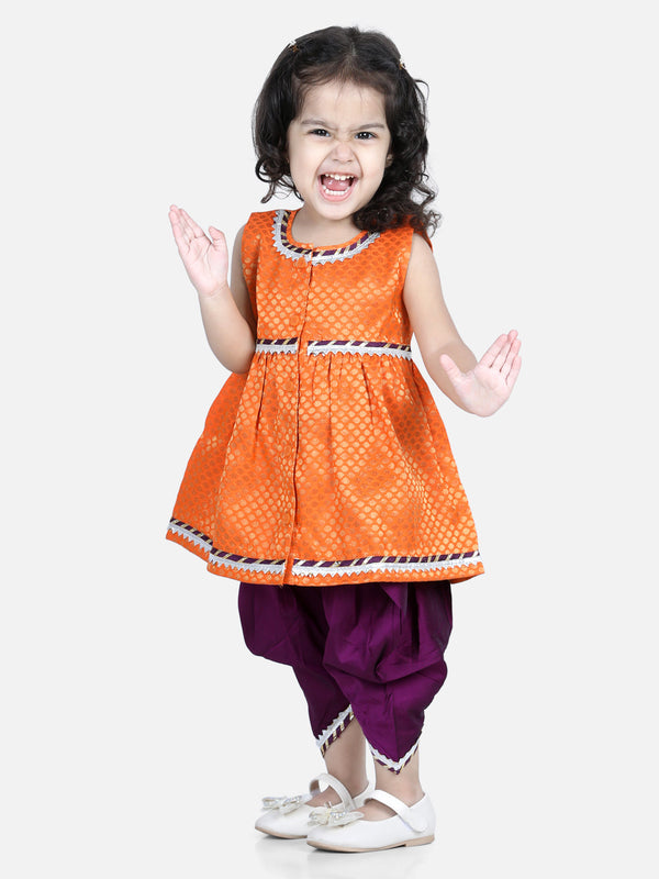 Girl's Orange Color Jacquard Top with Dhoti  - NOZ2TOZ KIDS