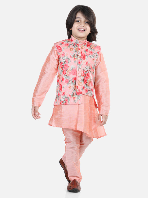 Boy's Peach Color Boys Assymetric Kurta Pajama with Jacket - NOZ2TOZ KIDS