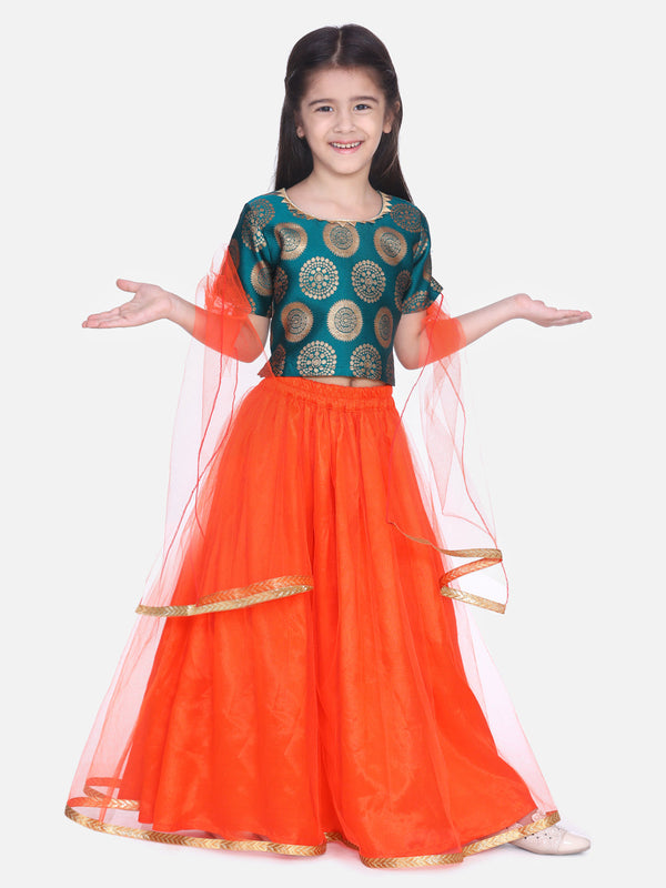 Girl's Green Color Jacquard Top with Net Lehenga-Green - NOZ2TOZ KIDS