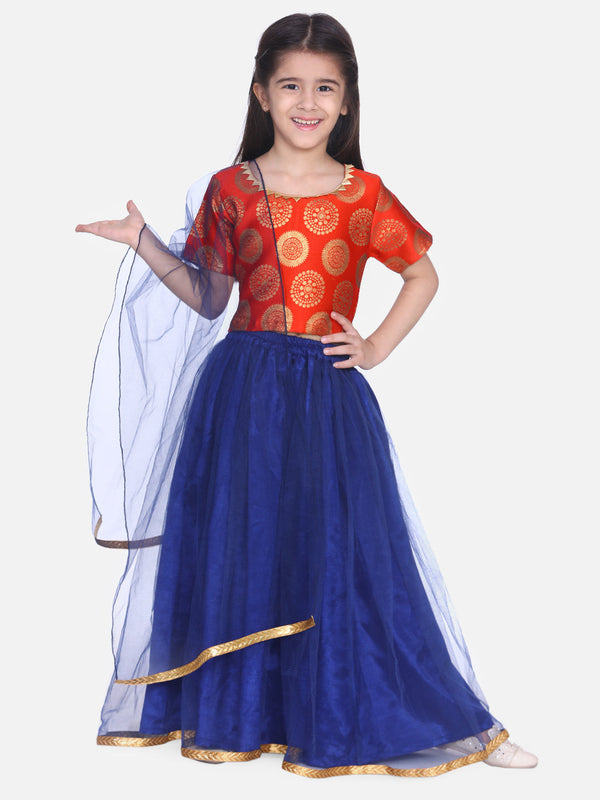 Girl's Orange Color Jacquard Top with Net Lehenga-Orange - NOZ2TOZ KIDS