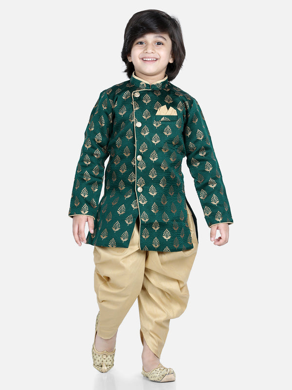 Boy's Green Color Full Sleeve Jacquard Sherwani  - NOZ2TOZ KIDS