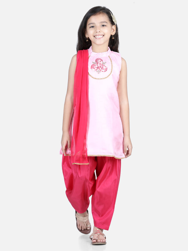 Girl's Pink Color Hand Embroidered Silk Kurti Salwar  - NOZ2TOZ KIDS