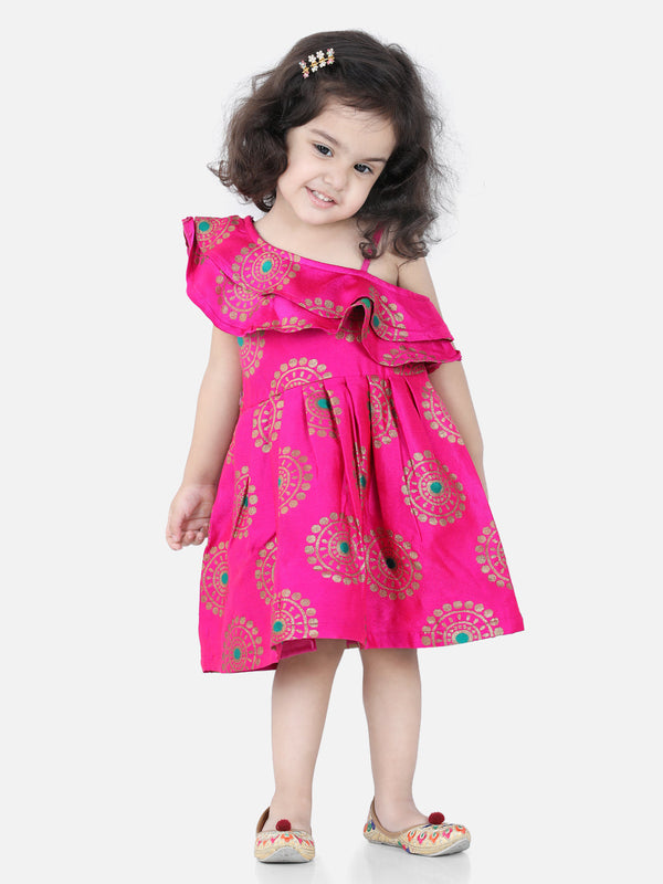 Girl's Pink Color One Shoulder Frill Jacquard Frock Party Dress  - NOZ2TOZ KIDS