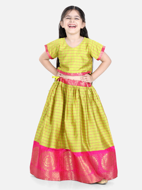 Girl's Yellow Color Half Sleeve South Indian Pavda Pattu Lehenga - NOZ2TOZ KIDS