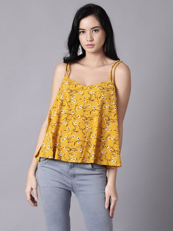 Women Mustard yellow Casual Printed Shoulder Straps Top | NOZ2TOZ - Made In INDIA.