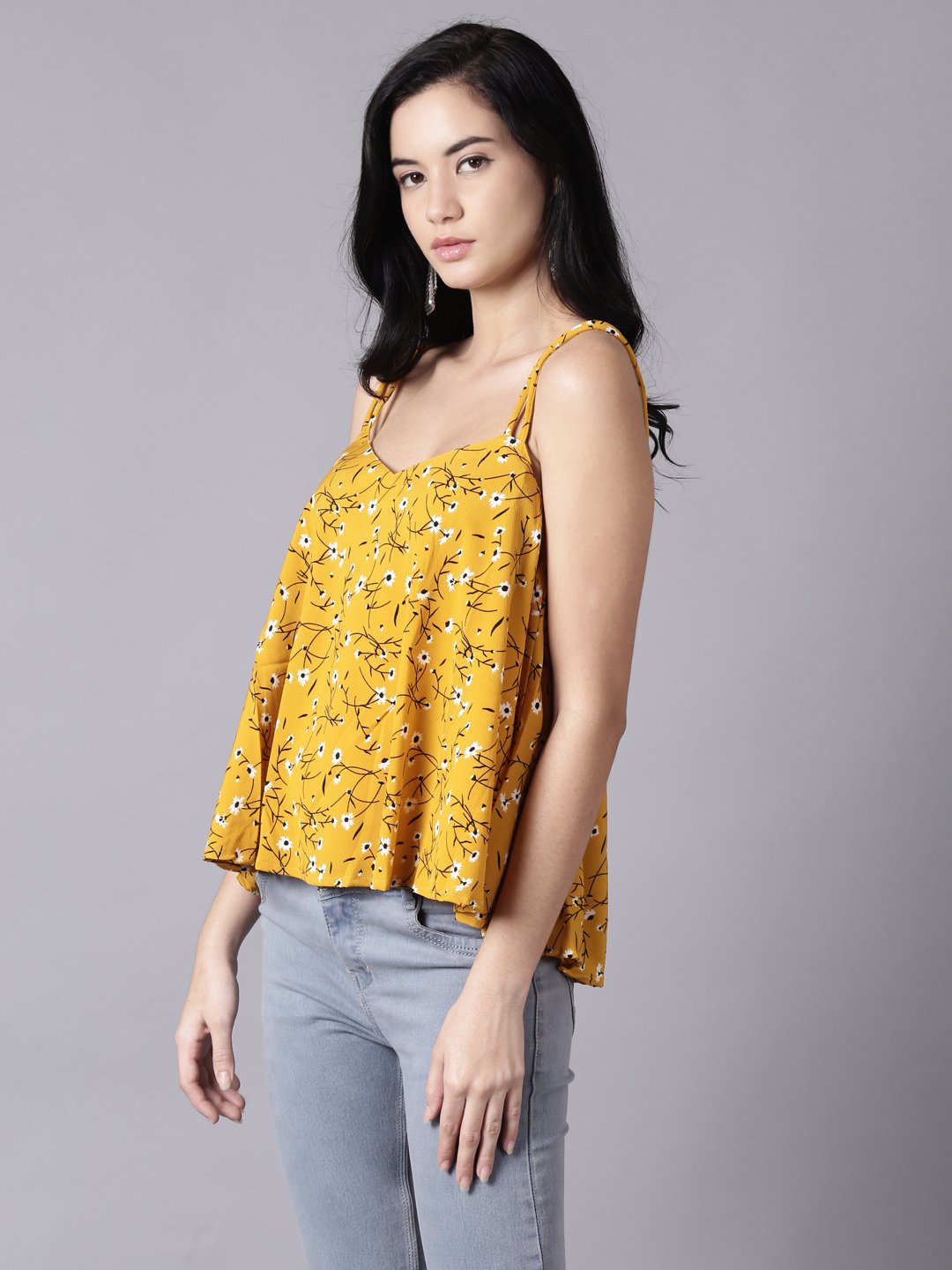 Women Mustard yellow Casual Printed Shoulder Straps Top | NOZ2TOZ - Made In INDIA.