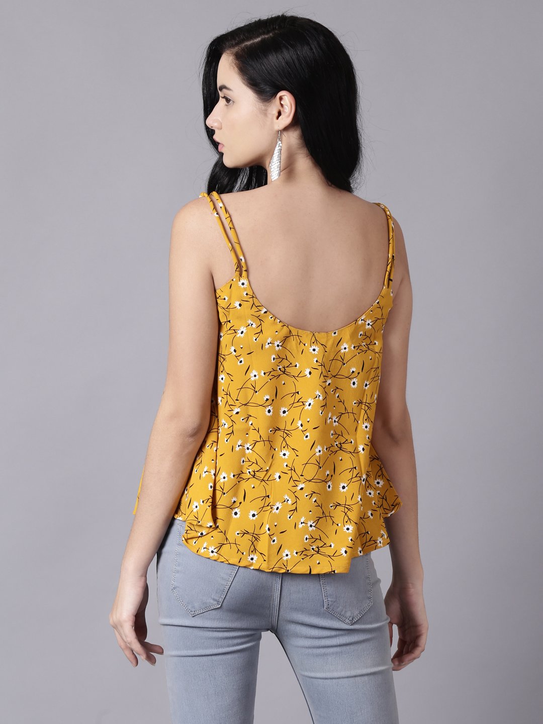 Women Mustard yellow Casual Printed Shoulder Straps Top | NOZ2TOZ - Made In INDIA.