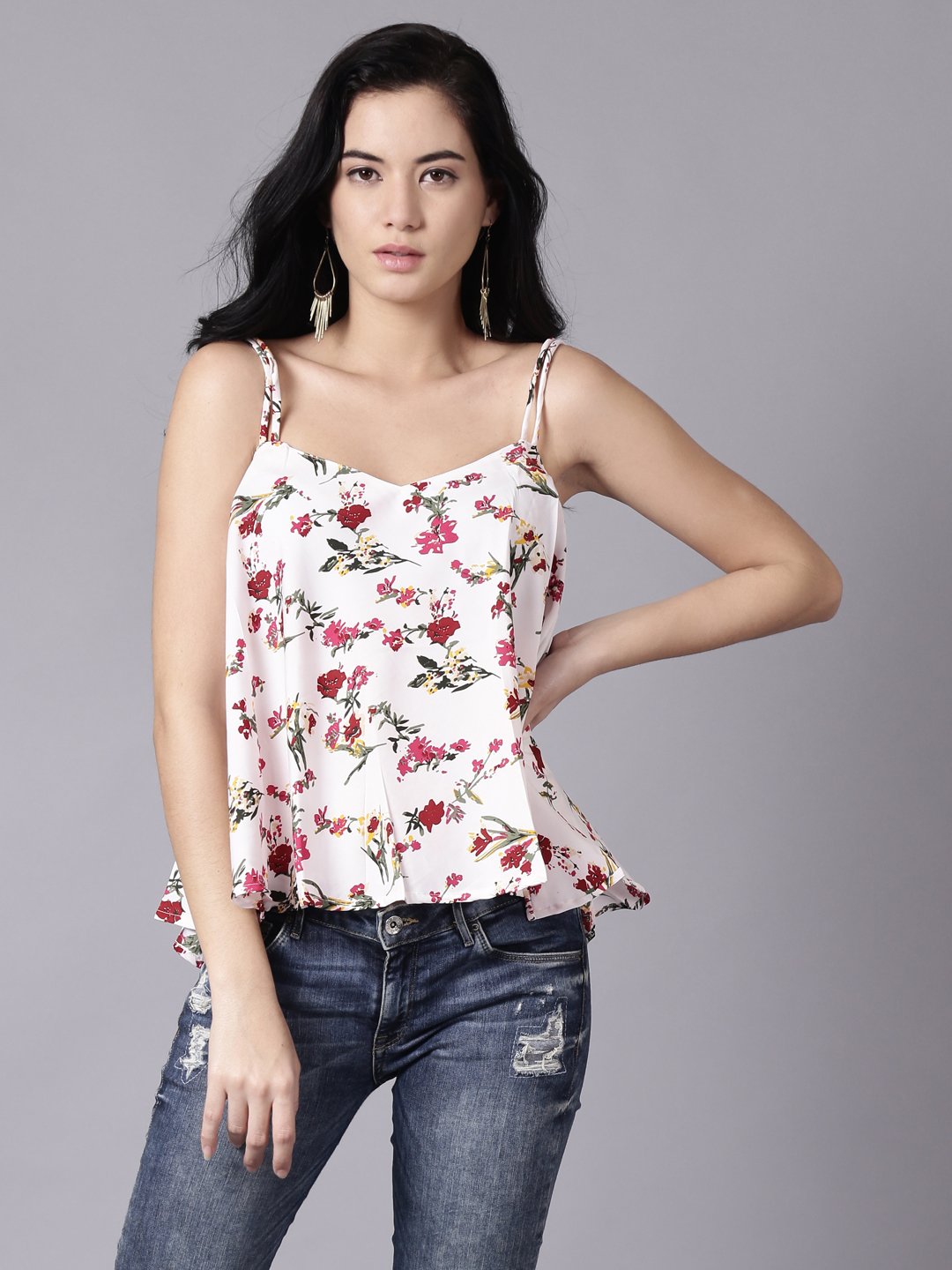 Women White Casual Printed Shoulder Straps Top | NOZ2TOZ - Made In INDIA.