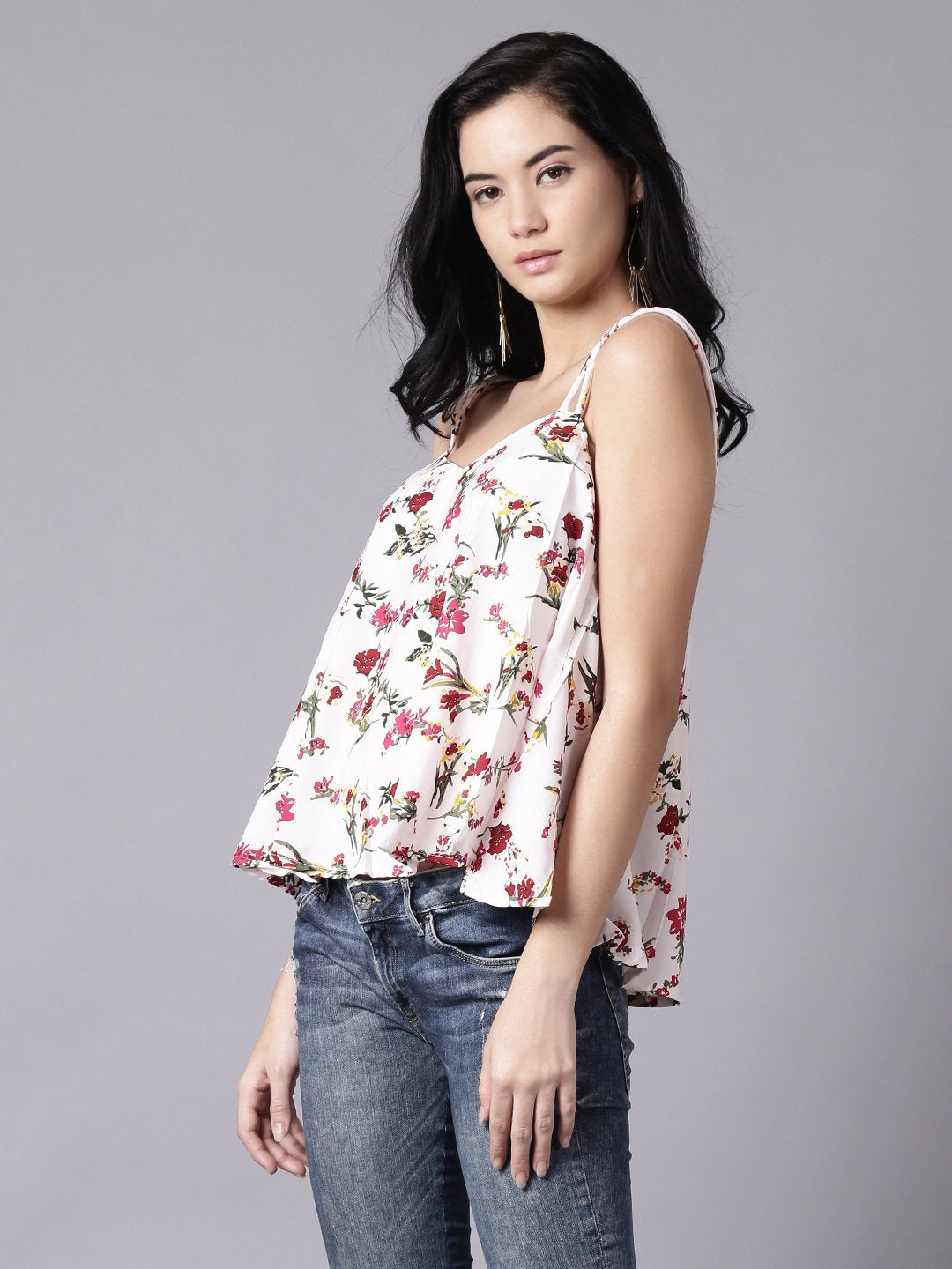 Women White Casual Printed Shoulder Straps Top | NOZ2TOZ - Made In INDIA.