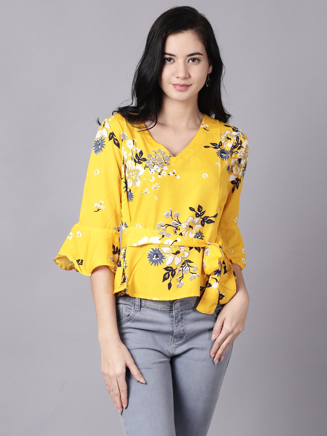 Women Mustard yellow Casual Printed V-Neck Top | NOZ2TOZ - Made In INDIA.