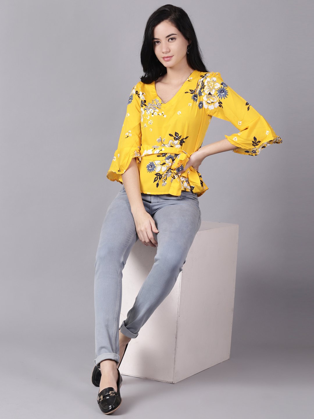 Women Mustard yellow Casual Printed V-Neck Top | NOZ2TOZ - Made In INDIA.