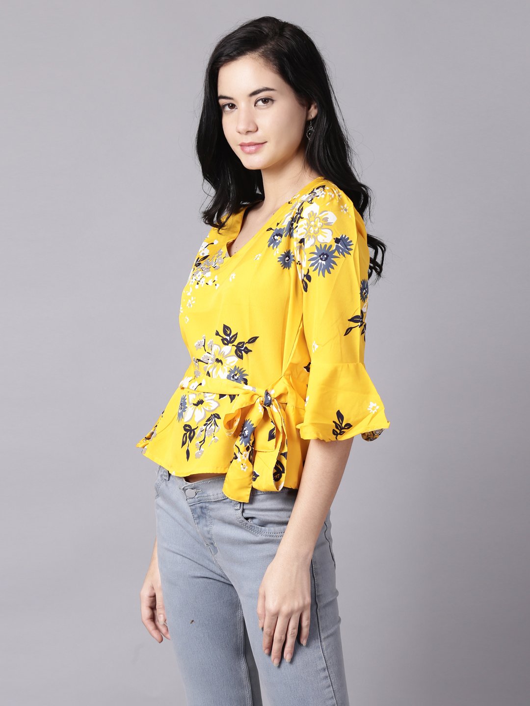 Women Mustard yellow Casual Printed V-Neck Top | NOZ2TOZ - Made In INDIA.