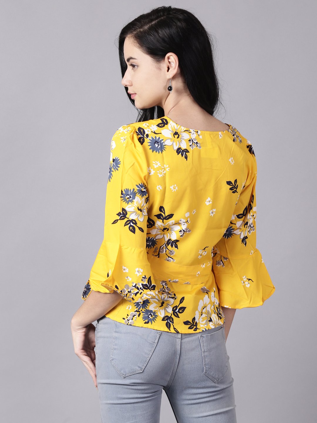 Women Mustard yellow Casual Printed V-Neck Top | NOZ2TOZ - Made In INDIA.