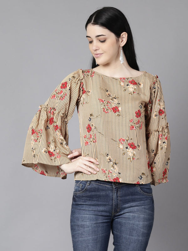 Women Beige Casual Printed Boat Neck Top | NOZ2TOZ - Made In INDIA.