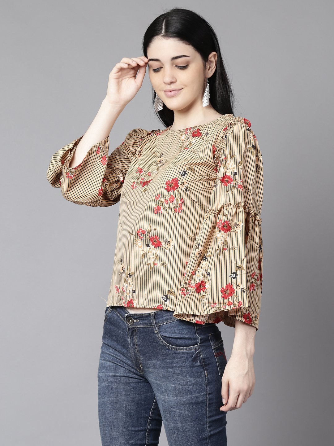 Women Beige Casual Printed Boat Neck Top | NOZ2TOZ - Made In INDIA.