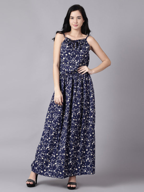 Women Navy Blue Floral Printed Shoulder Straps A-Line Dress | NOZ2TOZ - Made In INDIA.