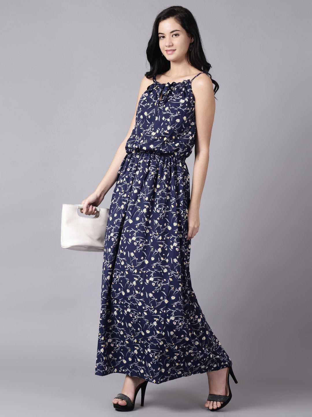 Women Navy Blue Floral Printed Shoulder Straps A-Line Dress | NOZ2TOZ - Made In INDIA.