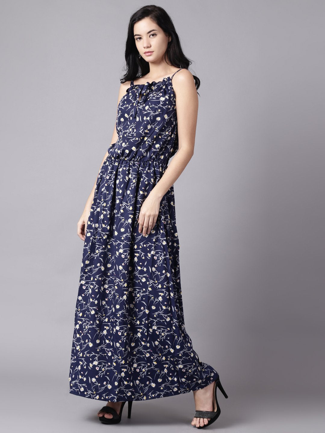 Women Navy Blue Floral Printed Shoulder Straps A-Line Dress | NOZ2TOZ - Made In INDIA.