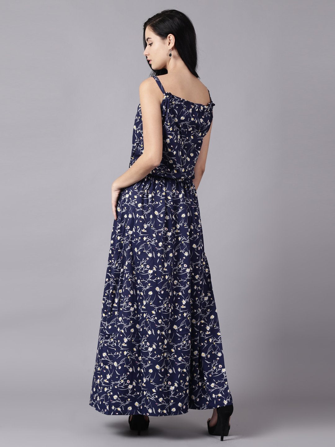 Women Navy Blue Floral Printed Shoulder Straps A-Line Dress | NOZ2TOZ - Made In INDIA.