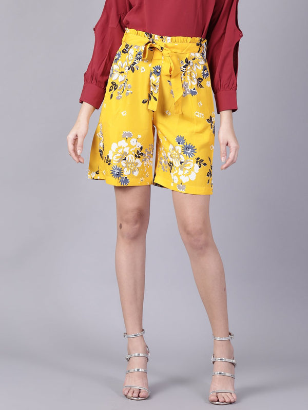 Women Mustard yellowSlip-On Printed  Polyester Shorts | NOZ2TOZ - Made In INDIA.