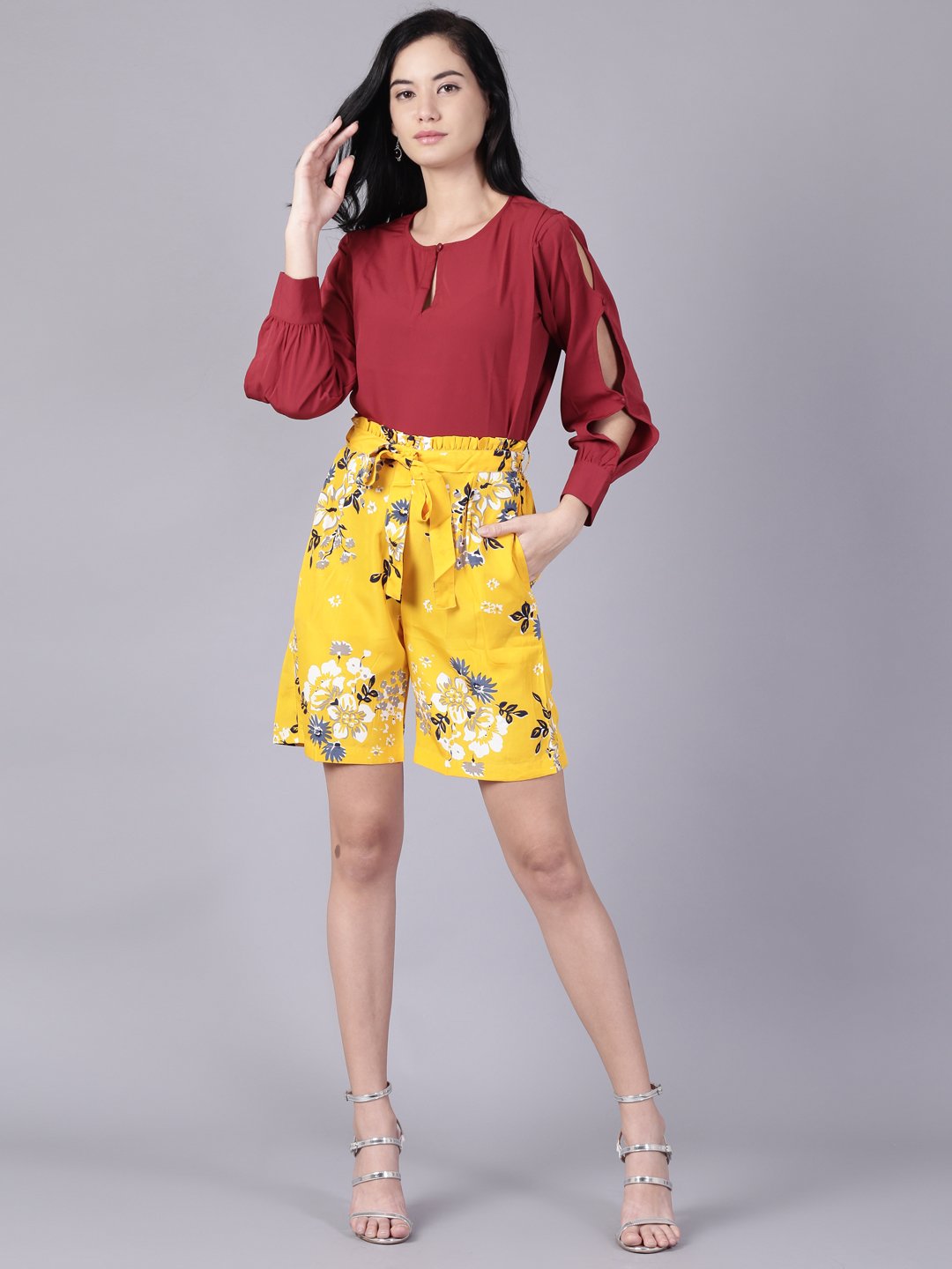 Women Mustard yellowSlip-On Printed  Polyester Shorts | NOZ2TOZ - Made In INDIA.