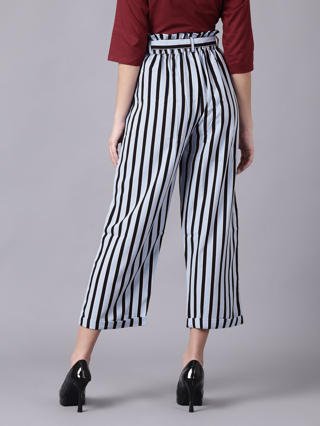 Women Sky Blue Striped Casual Texture Georgette Trouser | NOZ2TOZ - Made In INDIA.