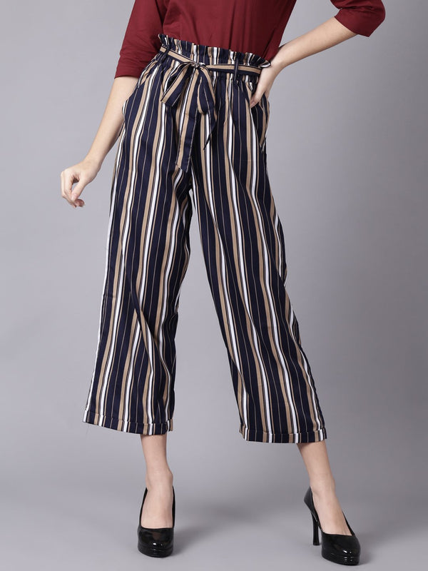 Women Navy Blue Striped Casual Crepe Trouser | NOZ2TOZ - Made In INDIA.