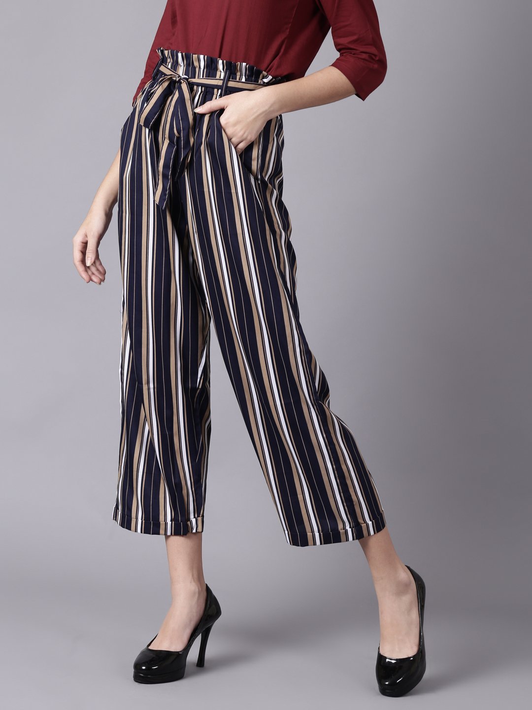 Women Navy Blue Striped Casual Crepe Trouser | NOZ2TOZ - Made In INDIA.