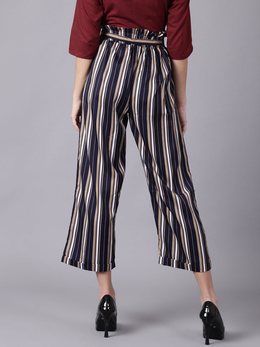 Women Navy Blue Striped Casual Crepe Trouser | NOZ2TOZ - Made In INDIA.