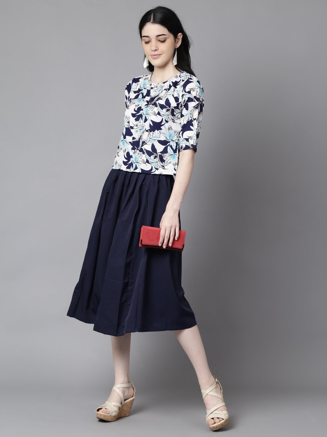 Women Navy Blue Slip-On Polyester Short Sleeves Skirt and Top Set | NOZ2TOZ - Made In INDIA.