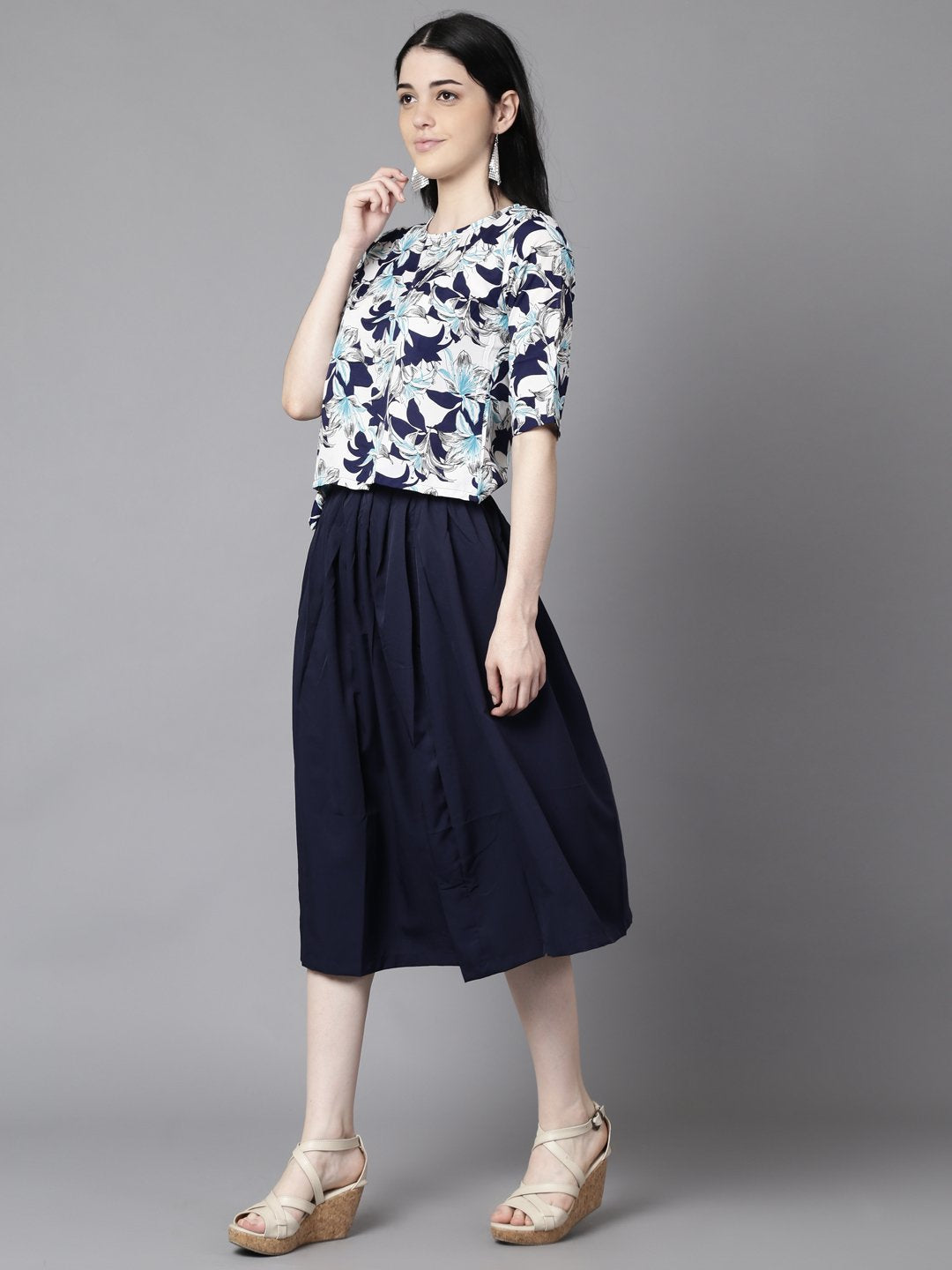 Women Navy Blue Slip-On Polyester Short Sleeves Skirt and Top Set | NOZ2TOZ - Made In INDIA.