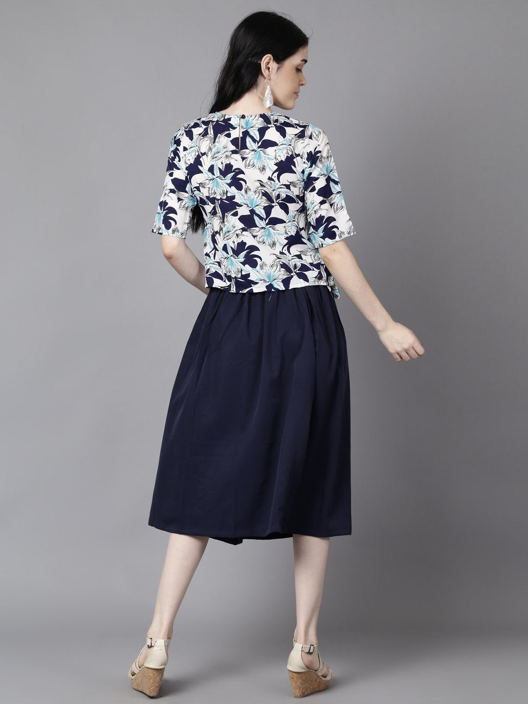 Women Navy Blue Slip-On Polyester Short Sleeves Skirt and Top Set | NOZ2TOZ - Made In INDIA.