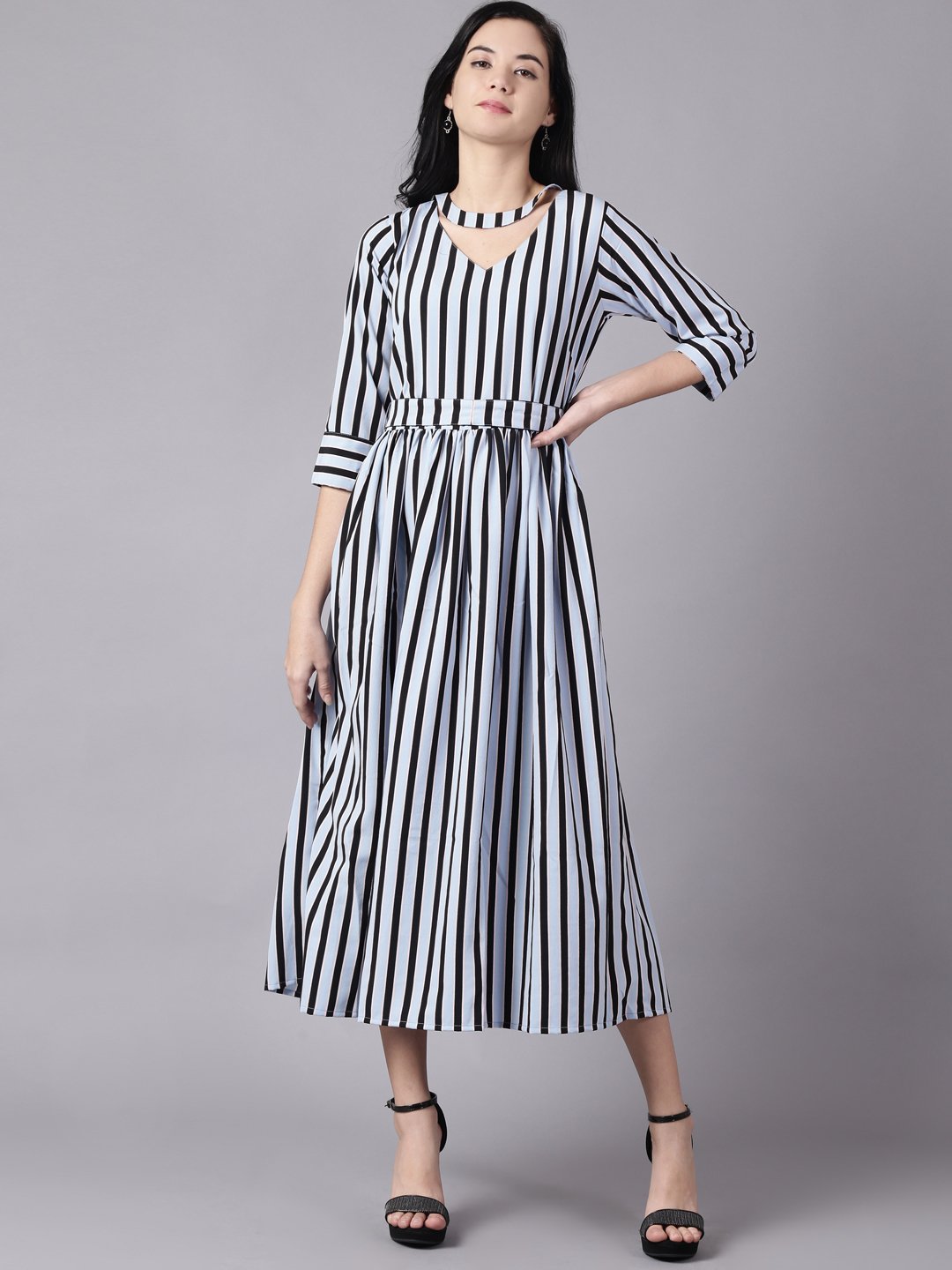 Women Sky Blue Striped Striped Choker Neck A-Line Dress | NOZ2TOZ - Made In INDIA.