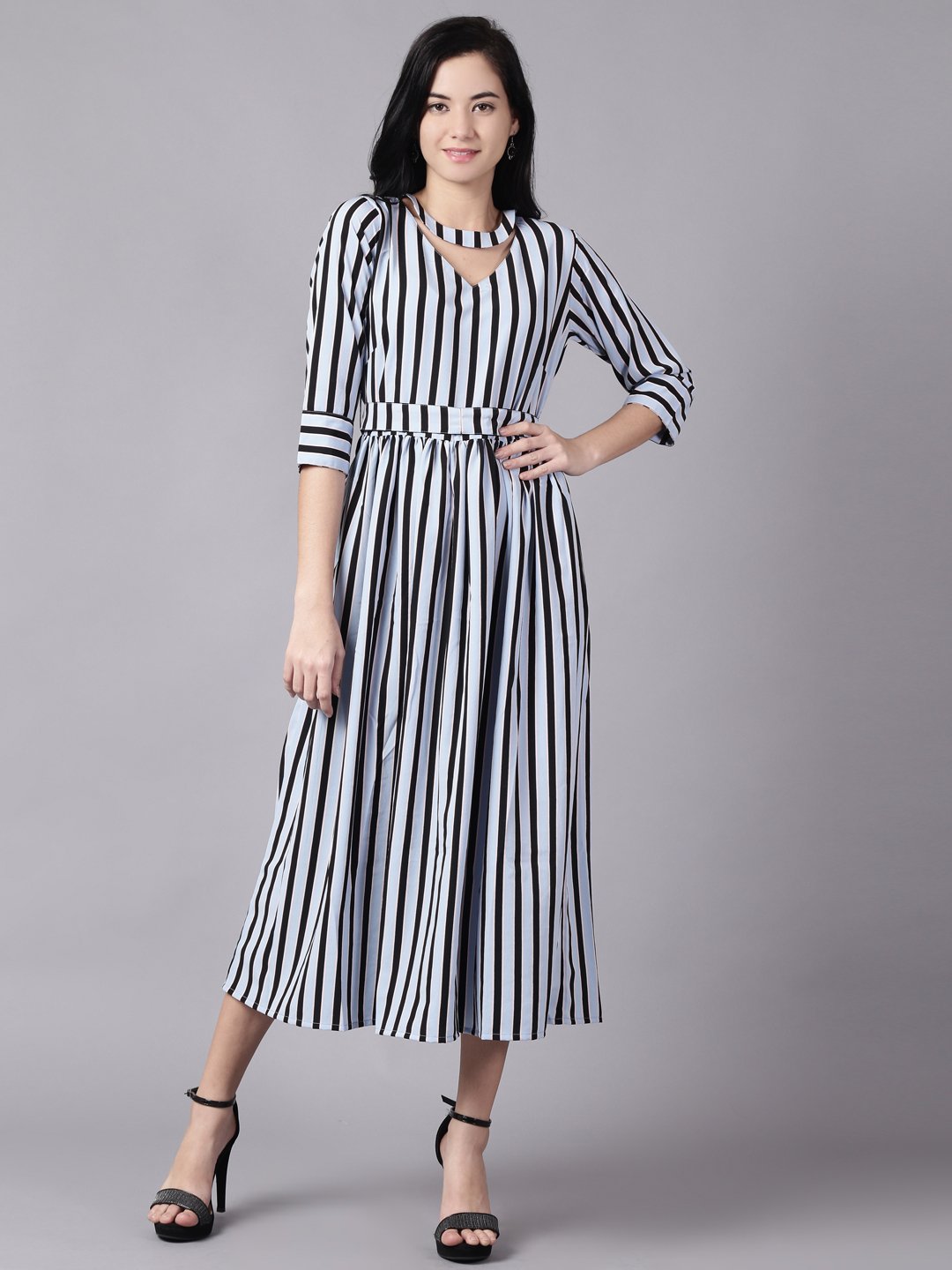 Women Sky Blue Striped Striped Choker Neck A-Line Dress | NOZ2TOZ - Made In INDIA.