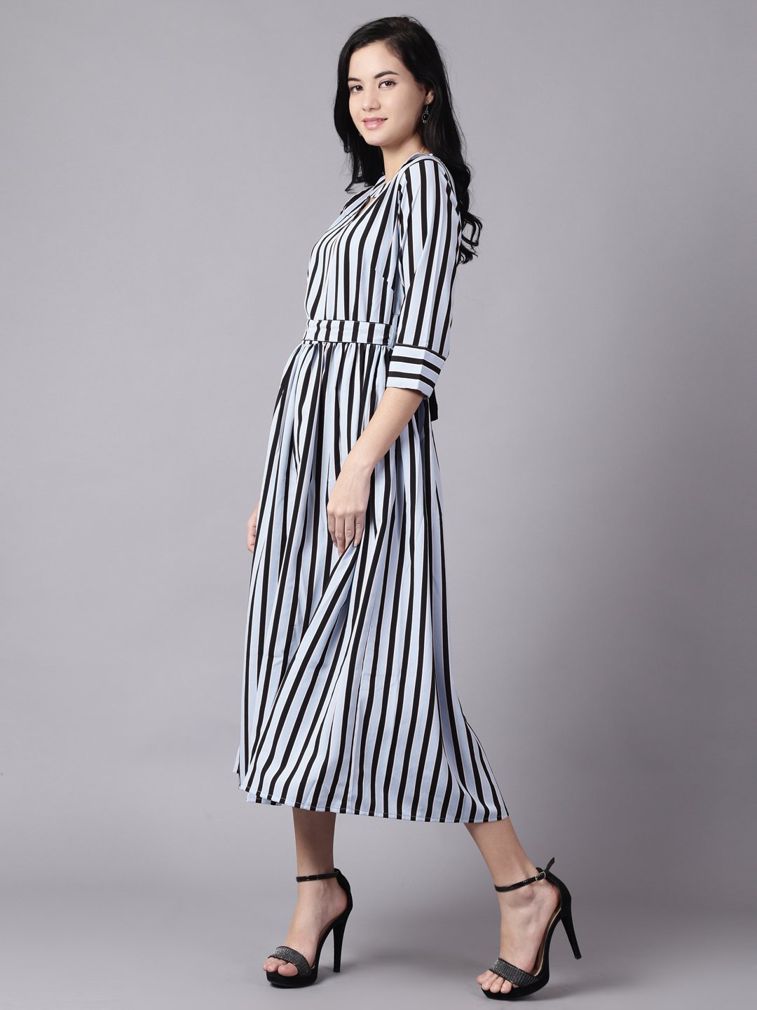 Women Sky Blue Striped Striped Choker Neck A-Line Dress | NOZ2TOZ - Made In INDIA.