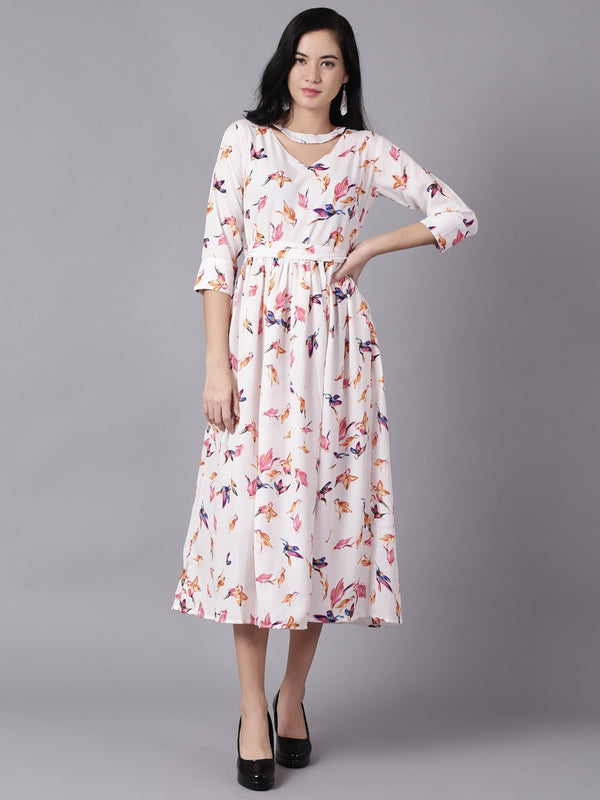 Women Off-white Floral Printed Choker Neck A-Line Dress | NOZ2TOZ - Made In INDIA.