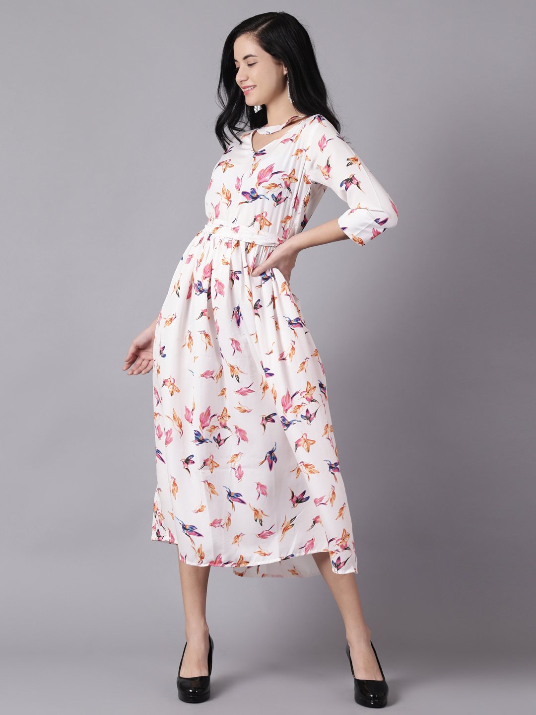 Women Off-white Floral Printed Choker Neck A-Line Dress | NOZ2TOZ - Made In INDIA.