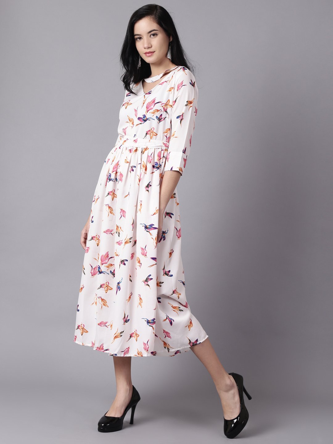 Women Off-white Floral Printed Choker Neck A-Line Dress | NOZ2TOZ - Made In INDIA.