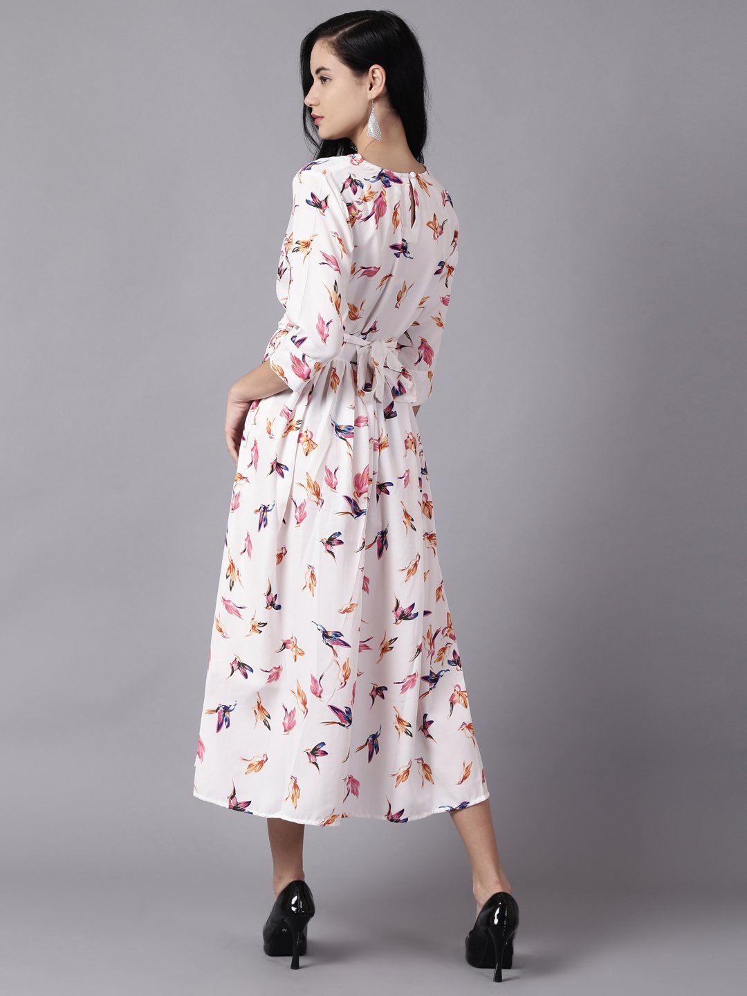 Women Off-white Floral Printed Choker Neck A-Line Dress | NOZ2TOZ - Made In INDIA.