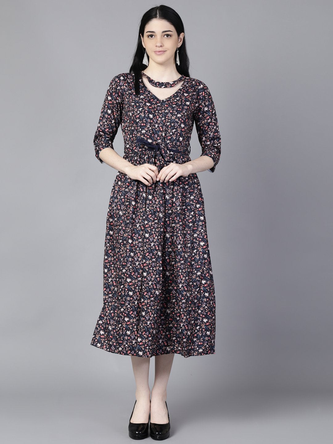 Women Navy Blue Floral Printed Choker Neck A-Line Dress | NOZ2TOZ - Made In INDIA.