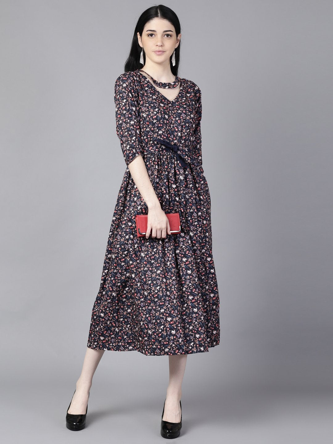 Women Navy Blue Floral Printed Choker Neck A-Line Dress | NOZ2TOZ - Made In INDIA.