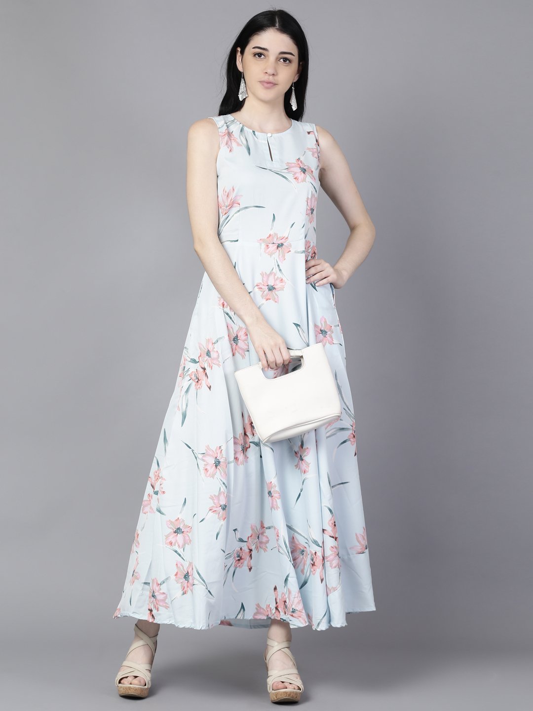 Women Blue Floral Printed Sleevless Maxi Dress | NOZ2TOZ - Made In INDIA.