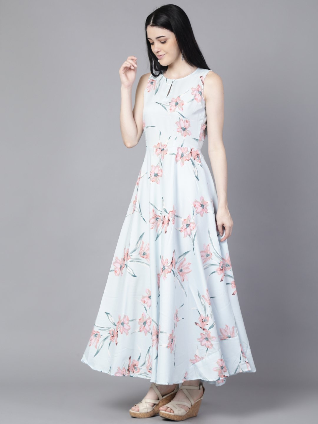 Women Blue Floral Printed Sleevless Maxi Dress | NOZ2TOZ - Made In INDIA.