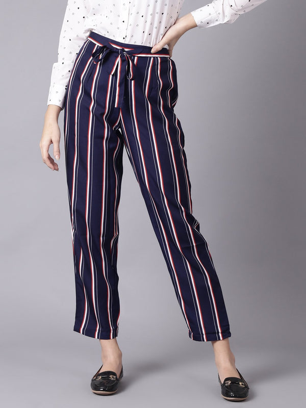 Women Navy Blue Striped Casual Crepe Trouser | NOZ2TOZ - Made In INDIA.