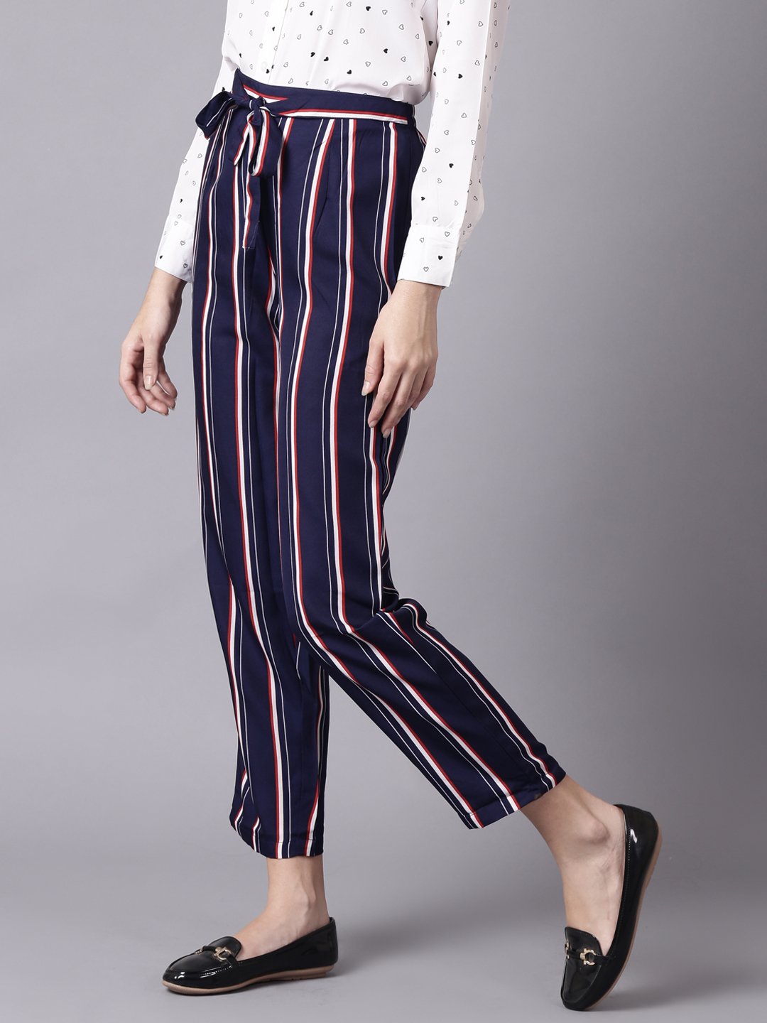 Women Navy Blue Striped Casual Crepe Trouser | NOZ2TOZ - Made In INDIA.