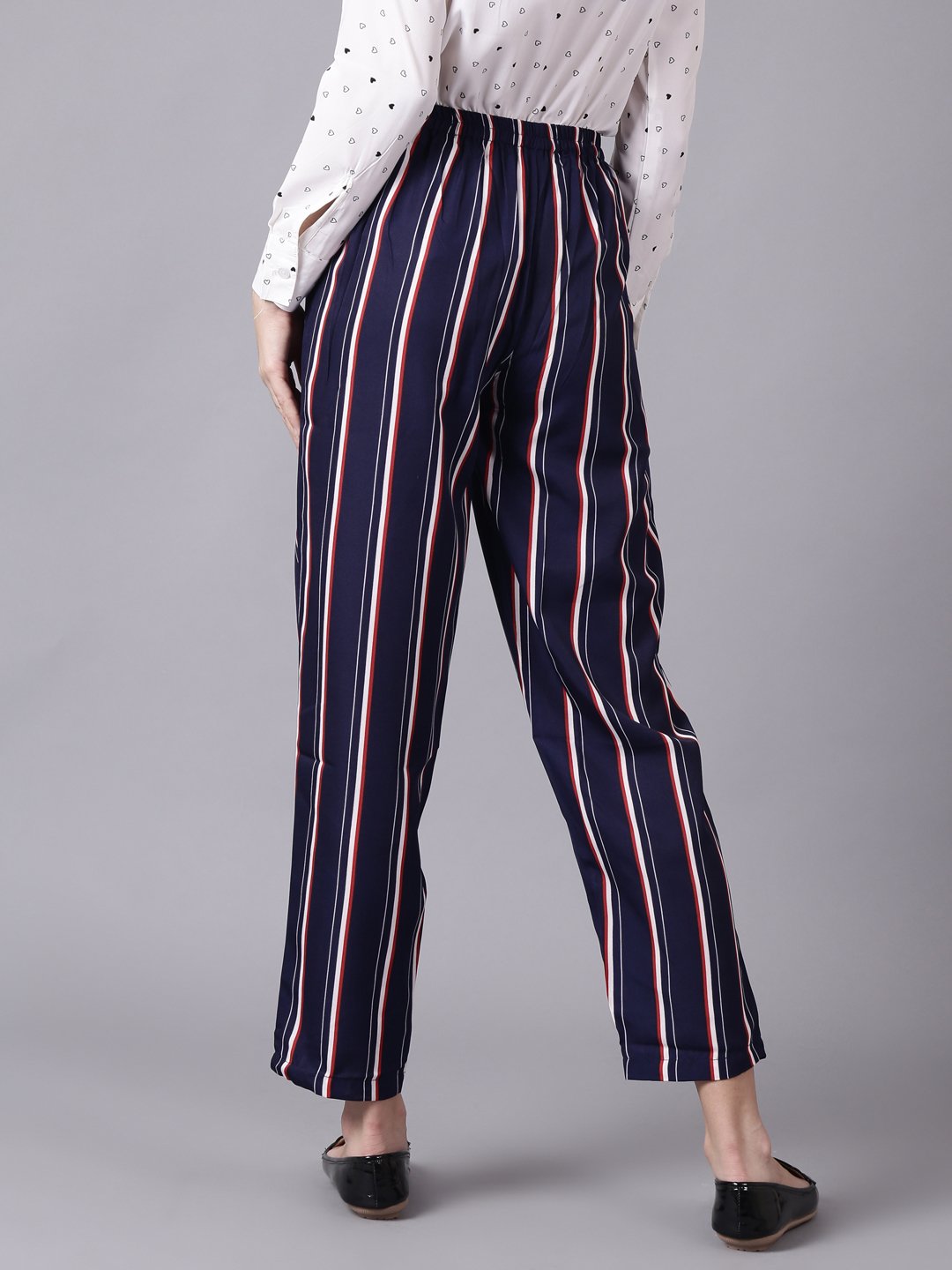 Women Navy Blue Striped Casual Crepe Trouser | NOZ2TOZ - Made In INDIA.