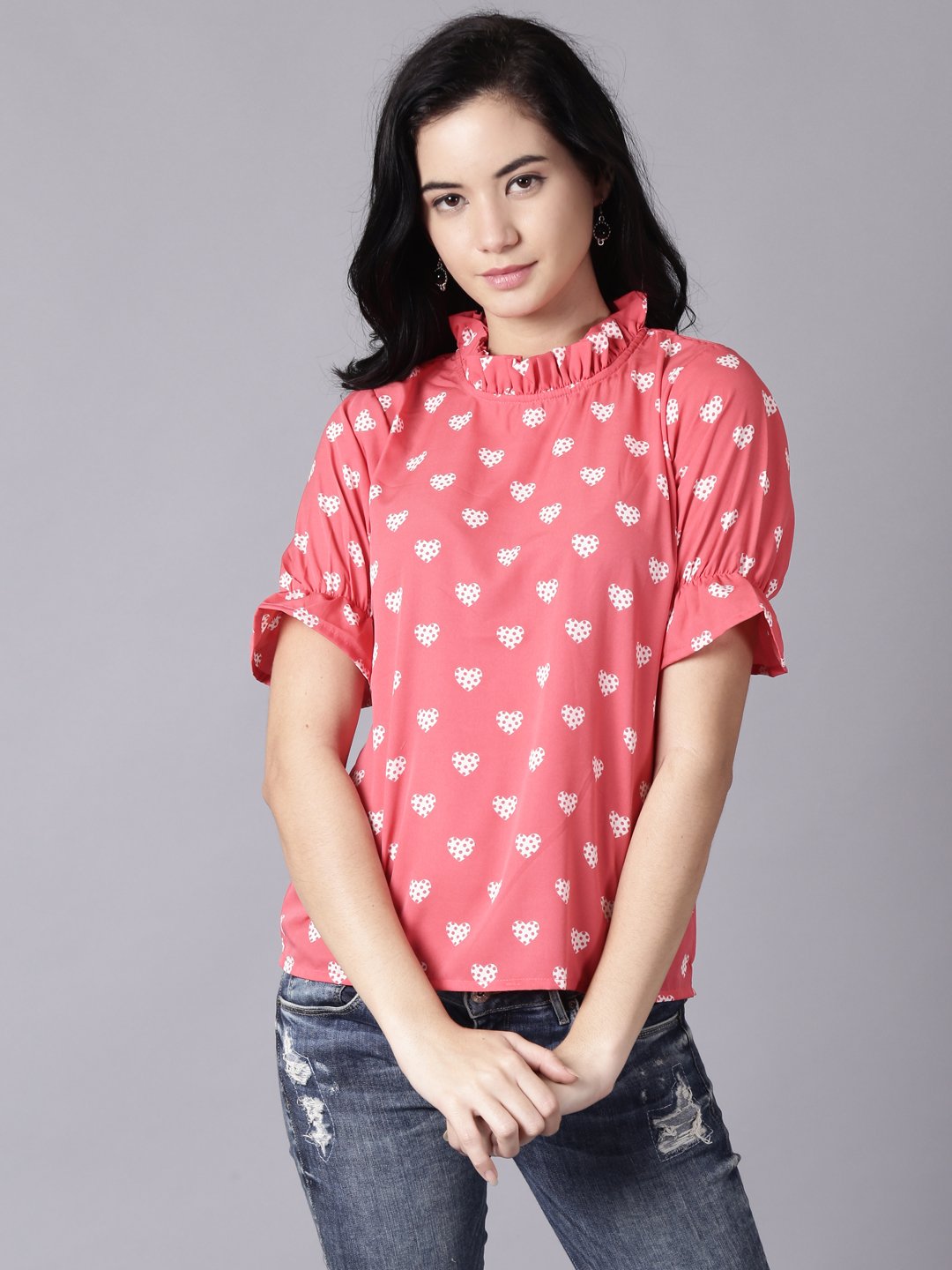 Women Coral Casual Printed High Neck Top | NOZ2TOZ - Made In INDIA.