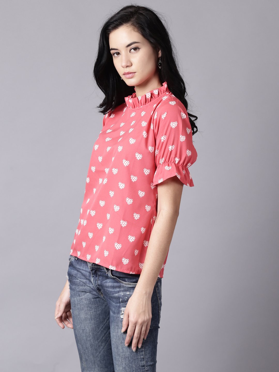 Women Coral Casual Printed High Neck Top | NOZ2TOZ - Made In INDIA.